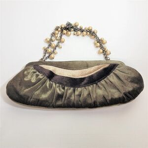 Green Clutch Purse with Muted Gold Bead Handle